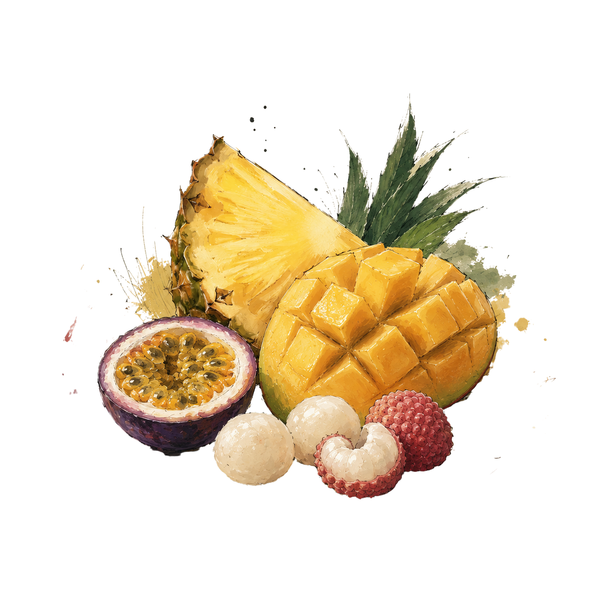 Watercolor-style illustration of tropical fruits on a white background, including a pineapple slice, a cubed mango, a halved passion fruit, two lychees, and two lychee rinds.