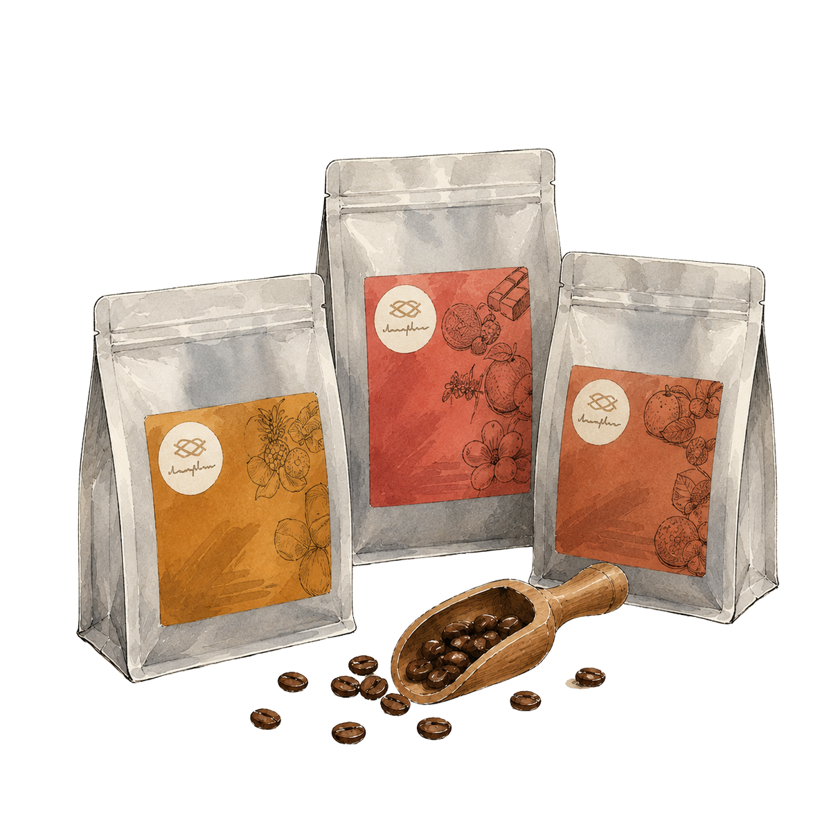 Three stand-up coffee bags in silver packaging with orange and red labels, arranged with a wooden scoop filled with coffee beans on a white background.