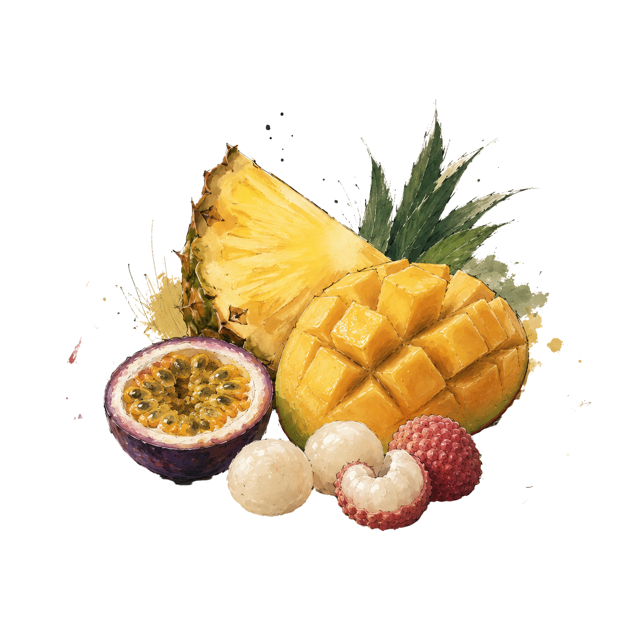 Watercolor-style illustration of tropical fruits on a white background, including a pineapple slice, a cubed mango, a halved passion fruit, two lychees, and two lychee rinds.