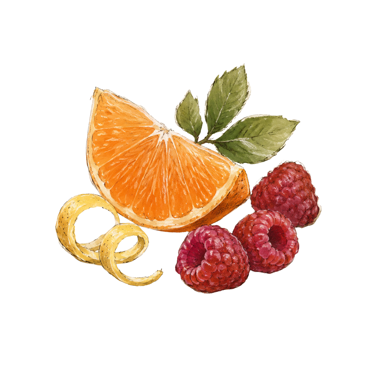 Watercolor illustration of a citrus slice with green leaves, a curled peel, and three raspberries on a plain white background.