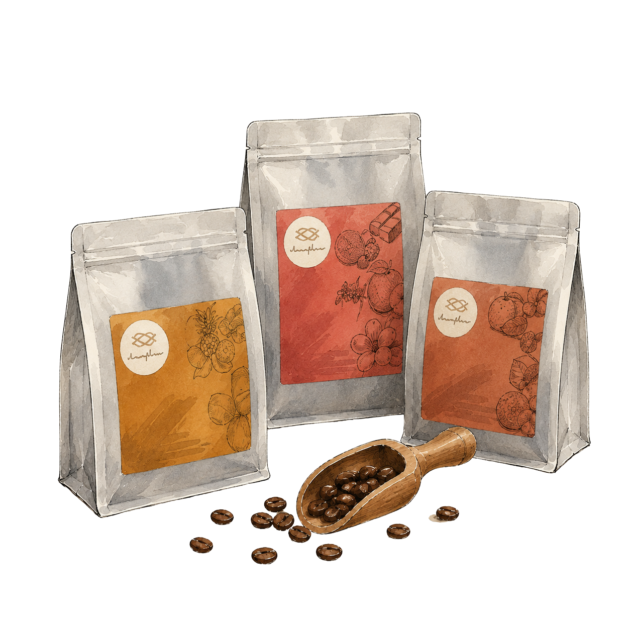 Three stand-up coffee bags in silver packaging with orange and red labels, arranged with a wooden scoop filled with coffee beans on a white background.
