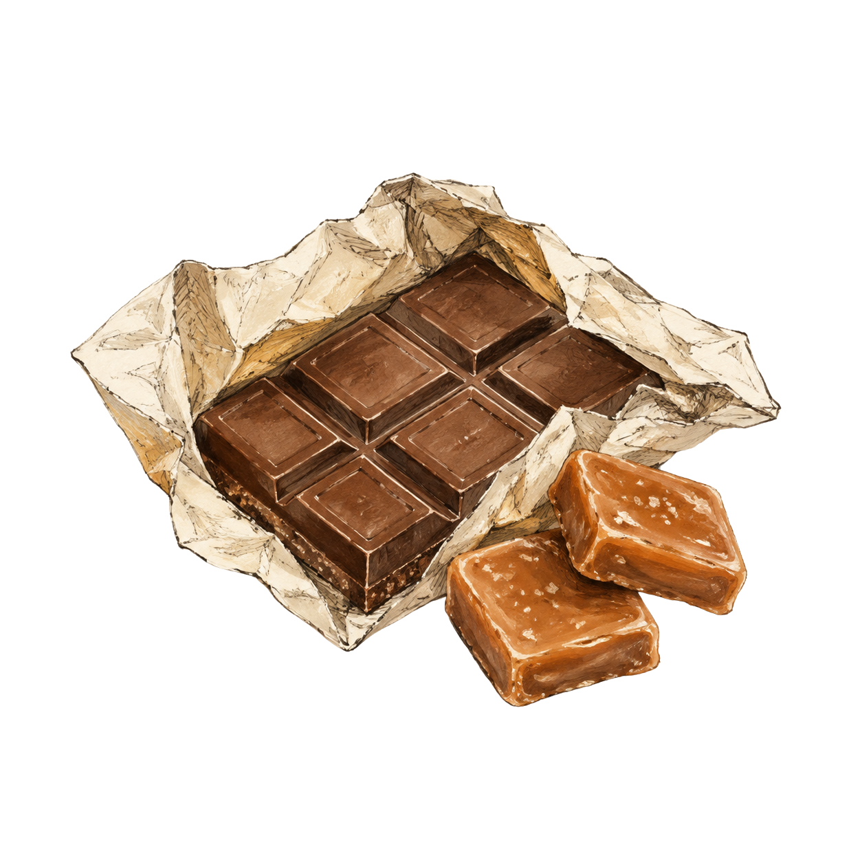 An illustration of a chocolate bar partially unwrapped in brown paper, with two pieces of caramel candy in front, isolated on a white background.