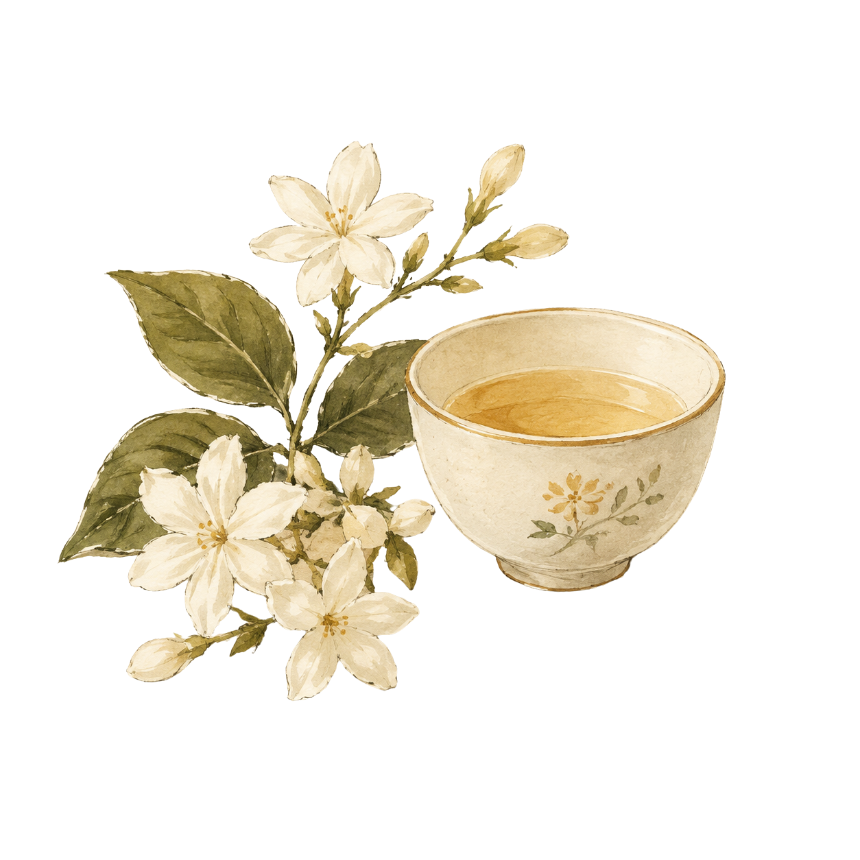A watercolor-style illustration of a small cream-colored ceramic cup filled with light amber liquid, accompanied by white blossoms and green leaves on a plain white background.