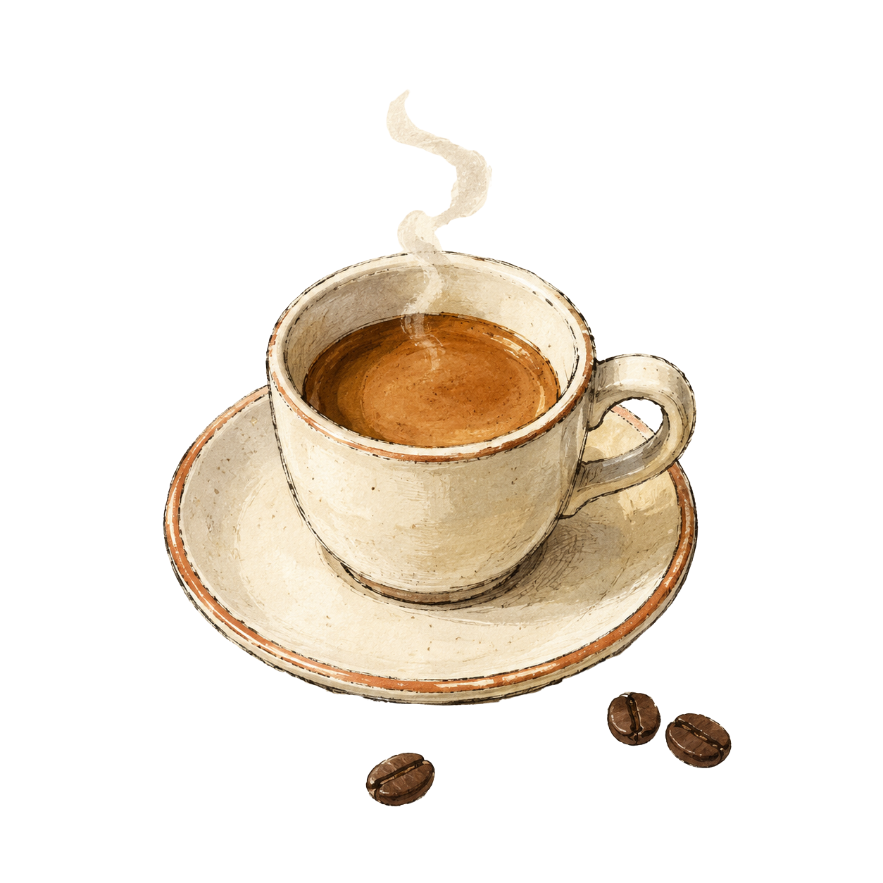 A hand-painted watercolor illustration of a cup of espresso with steam rising, resting on a matching saucer with three coffee beans scattered below, isolated on a white background.